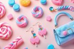 A vibrant array of candy-inspired fashion accessories including oversized earrings, glossy necklaces, and playful handbags in pastel colors, reflecting the sweet and whimsical aesthetic of freeze-dried candy.