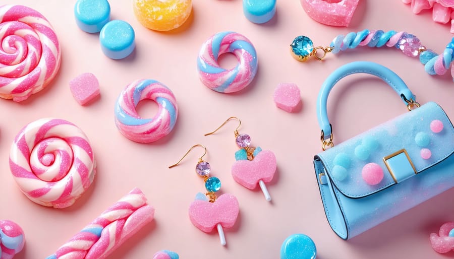 A vibrant array of candy-inspired fashion accessories including oversized earrings, glossy necklaces, and playful handbags in pastel colors, reflecting the sweet and whimsical aesthetic of freeze-dried candy.