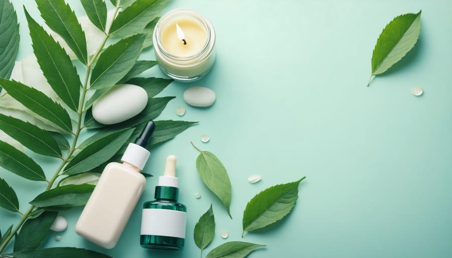 Conceptual depiction of kratom leaves integrated with beauty products against a pastel background, symbolizing the connection between natural beauty and wellness.