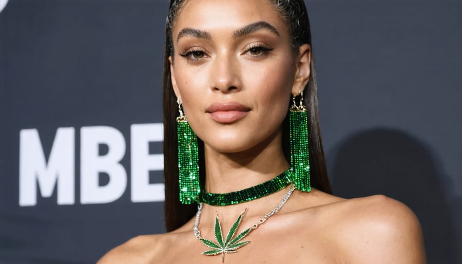 Celebrity wearing minimalist gold cannabis leaf pendant necklace on red carpet