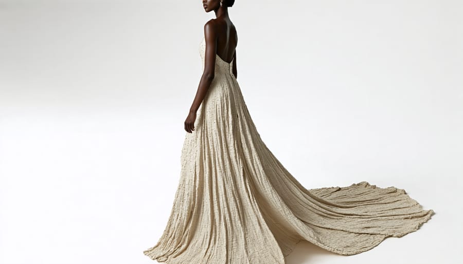 Model walking runway in elegant hemp fabric dress with modern silhouette